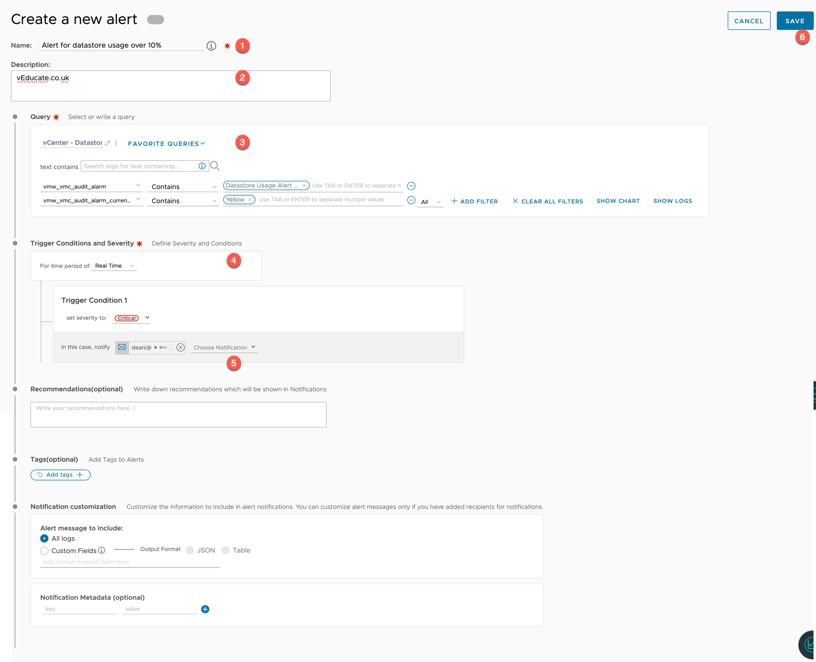 VMC vCenter Alarms - Log Insight Cloud - Create a new alert