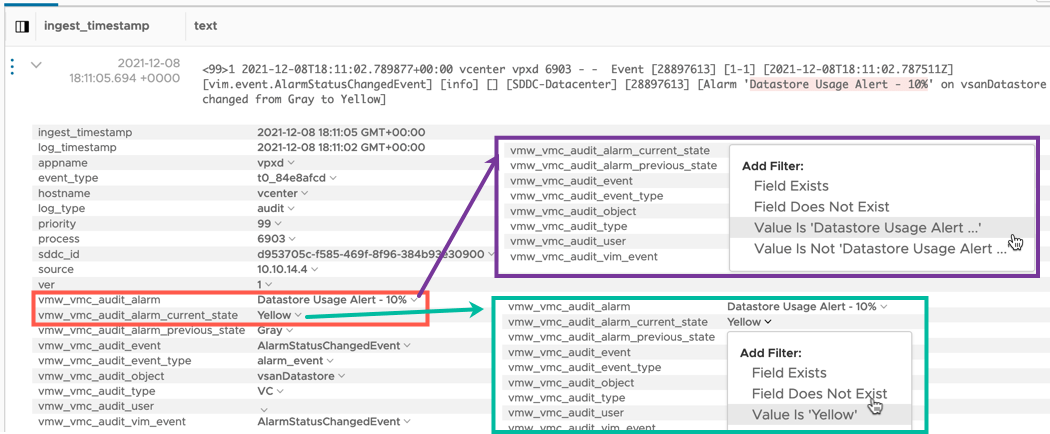 VMC vCenter Alarms - Log Insight Cloud - Explore Logs - Add Filter