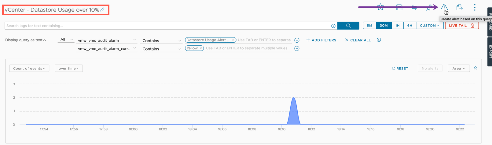 VMC vCenter Alarms - Log Insight Cloud - Explore Logs - Filter set - Create Alert based on this query