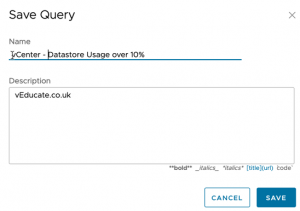 VMC vCenter Alarms - Log Insight Cloud - Explore Logs - Filter set - Save Query 2