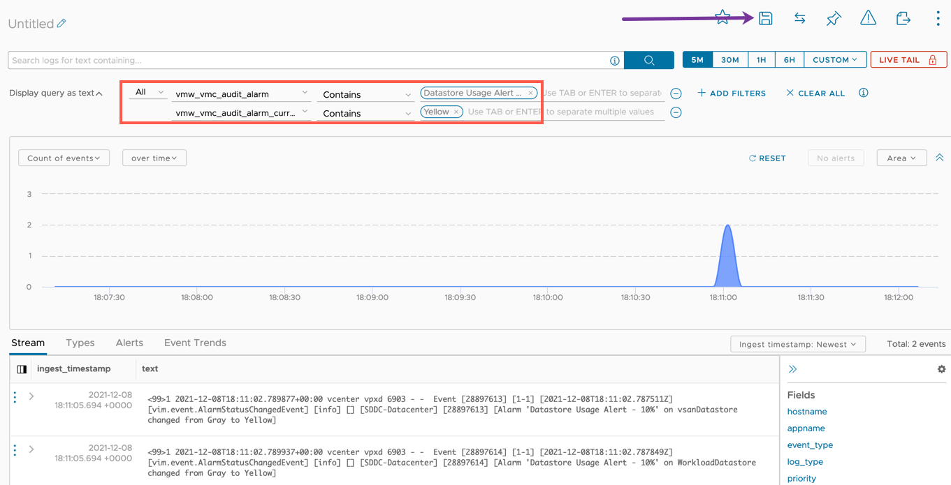 VMC vCenter Alarms - Log Insight Cloud - Explore Logs - Filter set - Save Query