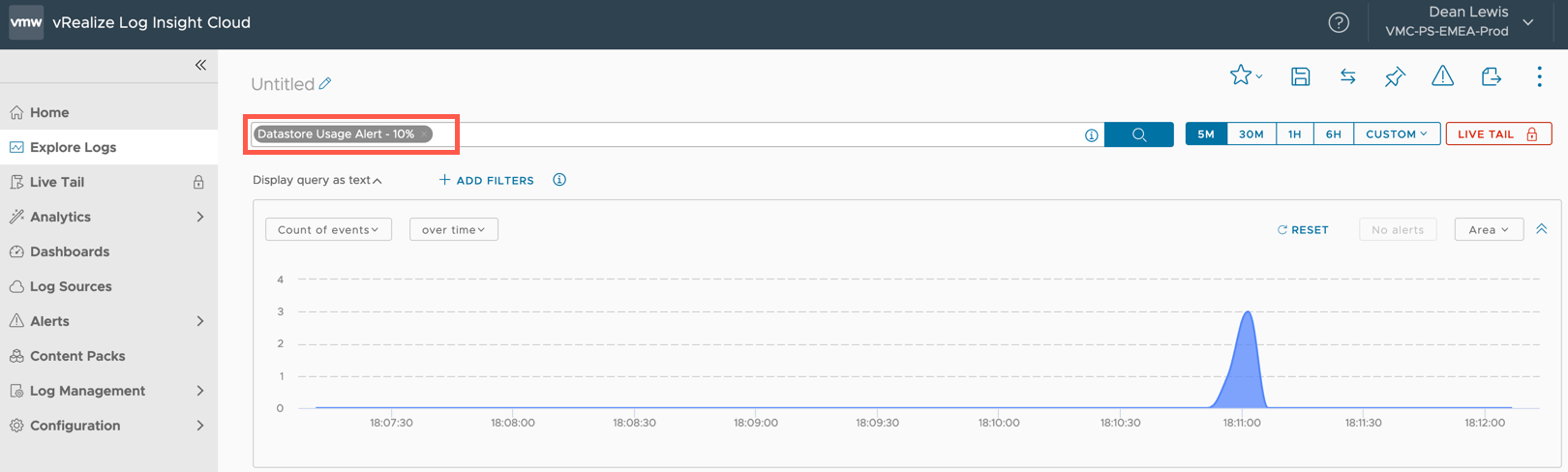 VMC vCenter Alarms - Log Insight Cloud - Explore Logs