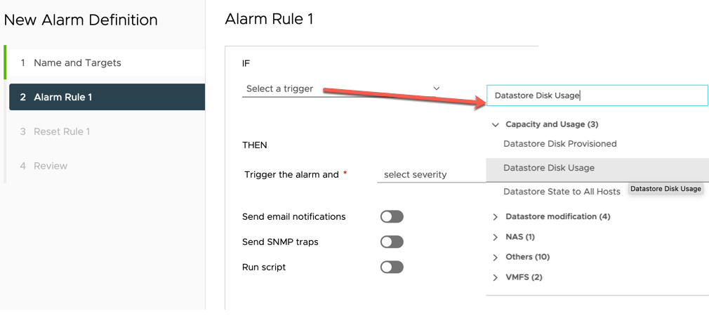 VMC vCenter Alarms - New Alarm Definition - Alarm Rule 1 - Select a Trigger