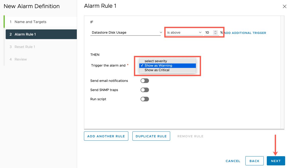 VMC vCenter Alarms - New Alarm Definition - Alarm Rule 1 - Set alarm triggered status