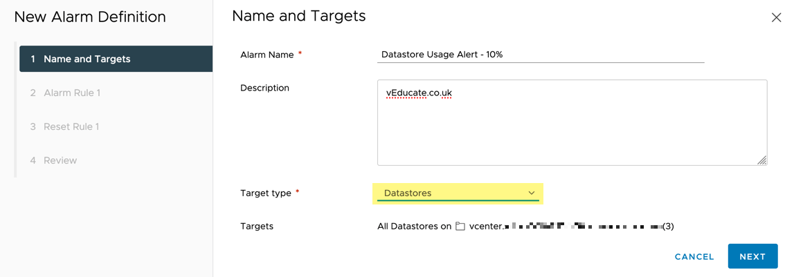 VMC vCenter Alarms - New Alarm Definition - Name and Targets