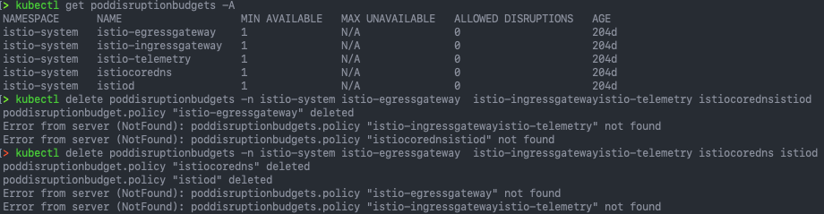 eks - kubectl get poddisruptionbudgets -A - kubectl delete poddisruptionbudgets