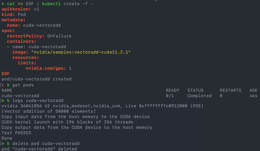 kubectl create cuda-vectoradd