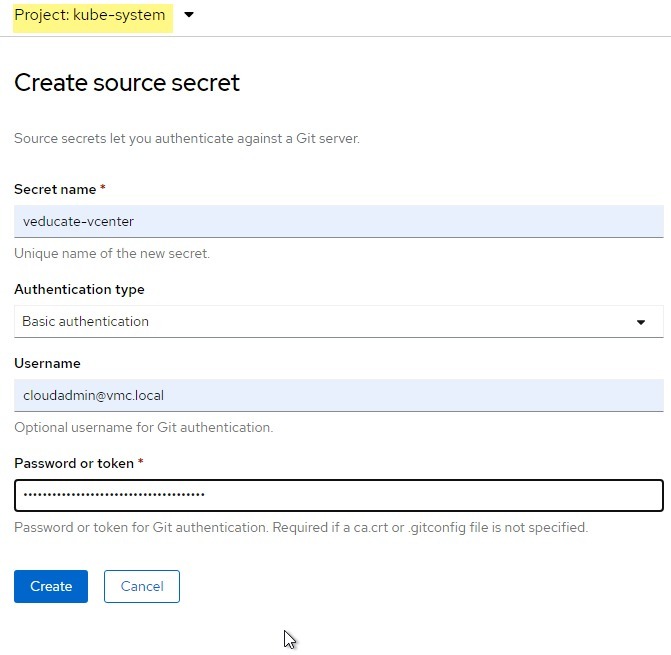 openshift - Create Source Secret with vCenter credentials 2