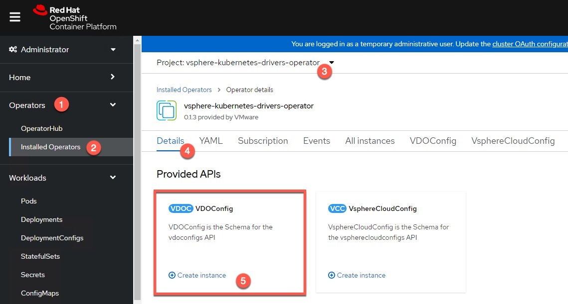 openshift - installed operators - vsphere-kubernetes-drivers-operator - vdoconfig create instance