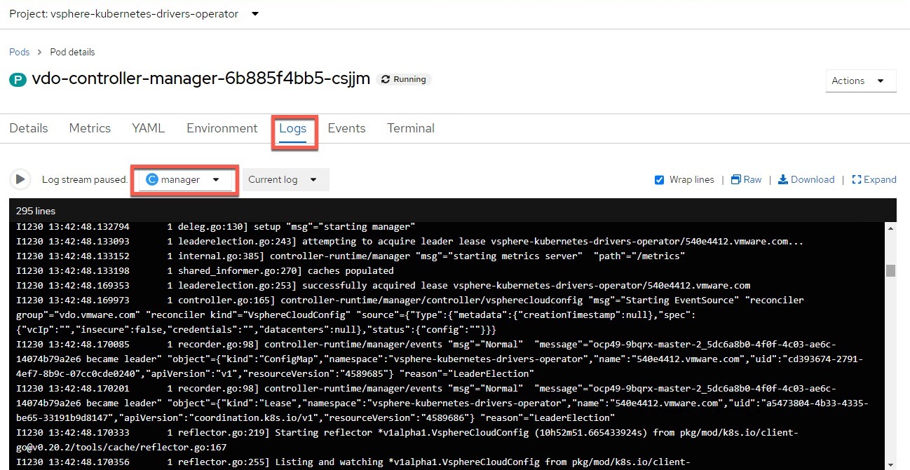 openshift - vdo manager logs
