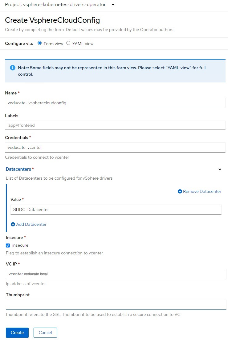 openshift - vspherecloudconfig create instance