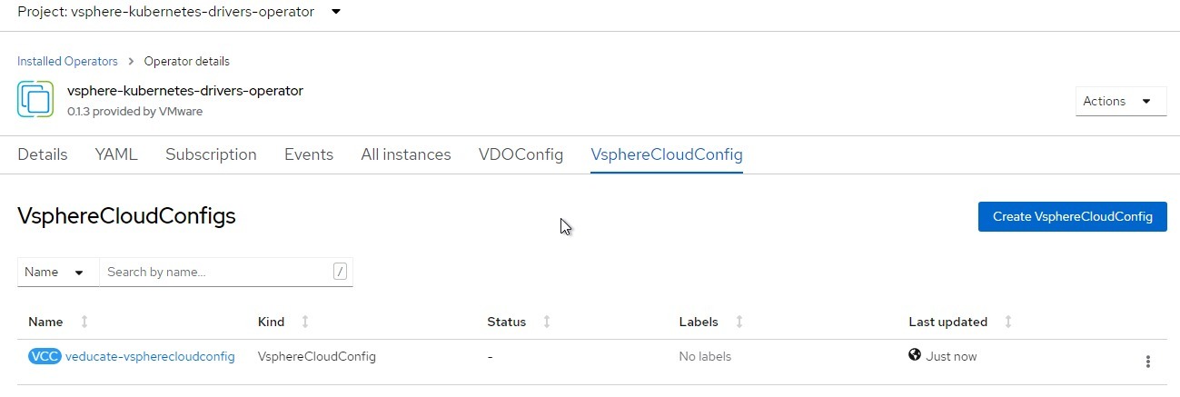 openshift - vspherecloudconfig instance created