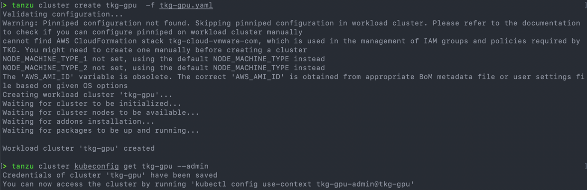 tanzu cluster create - kubeconfig get