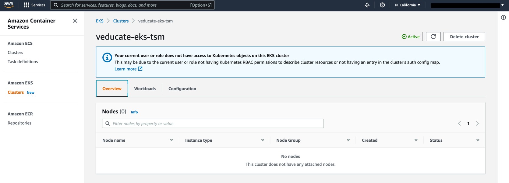 AWS Console - Container Services - Current user or role does not have access to Kubernetes objects on this EKS Cluster