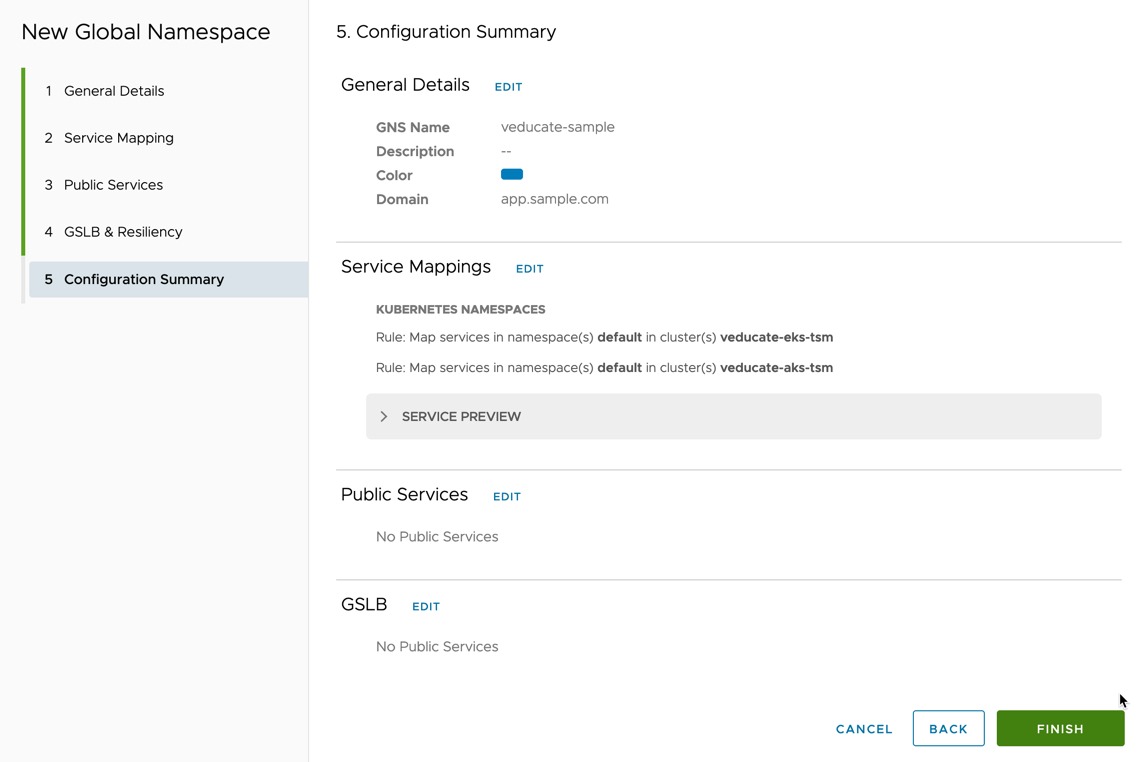 Tanzu Service Mesh - New Global Namespace - Configuration Summary