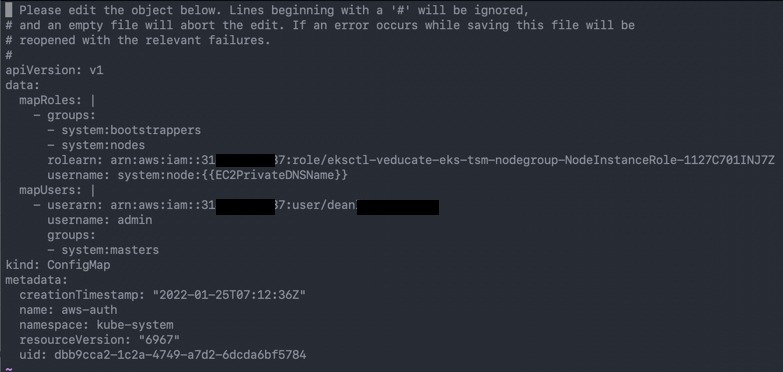 apply eks console full access - edit configmap