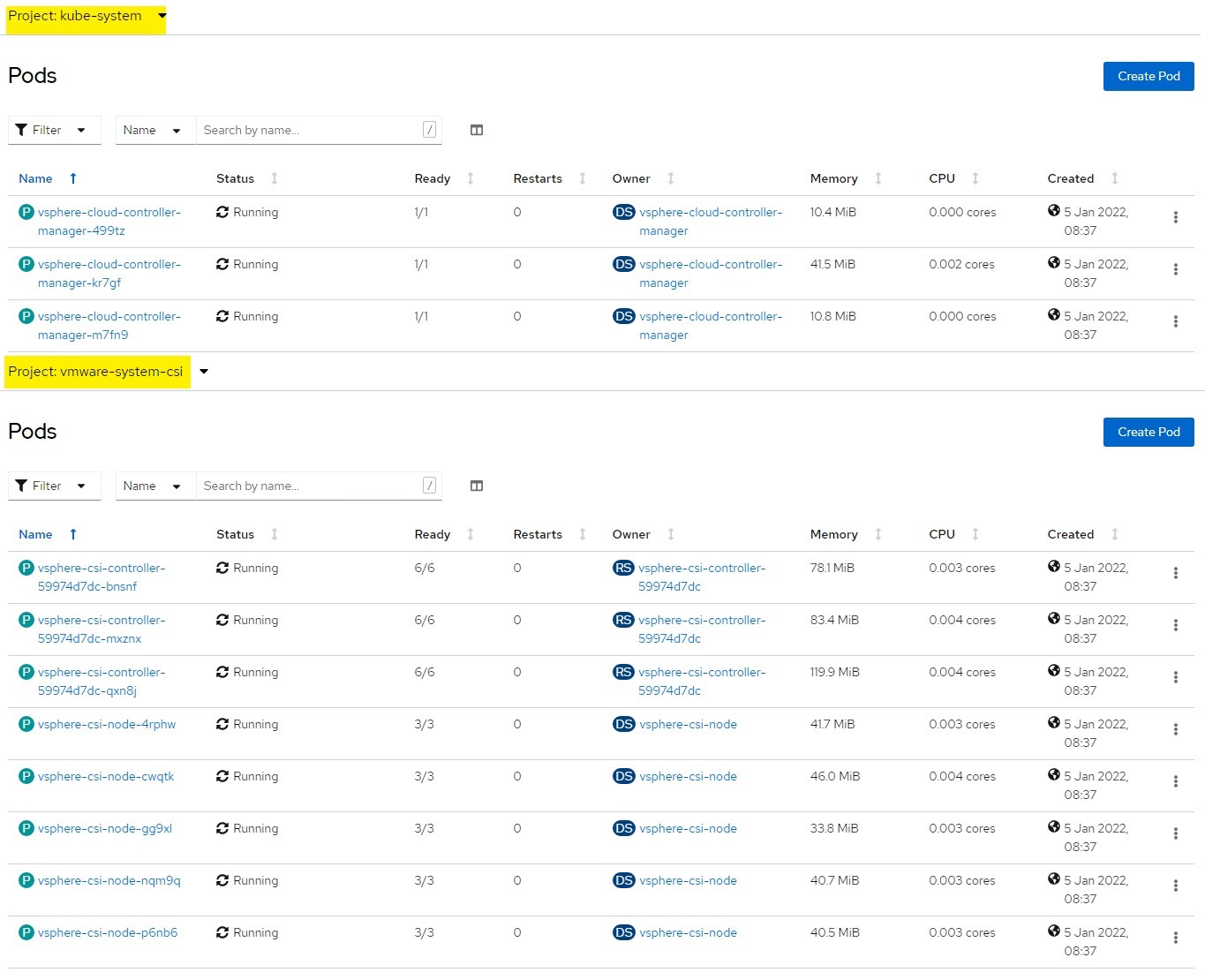 openshift - CPI and CSI pods running