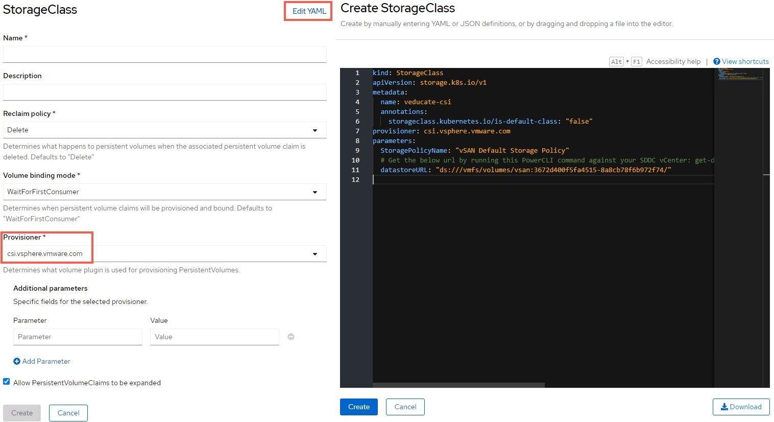 openshift - create storage class - edit yaml example