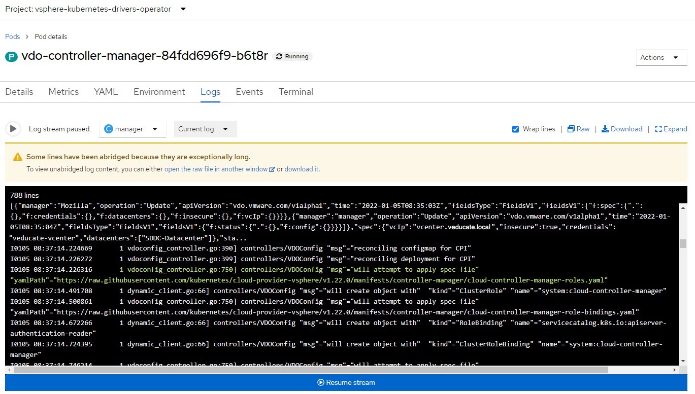 openshift - vdo manager logs - installing CPI