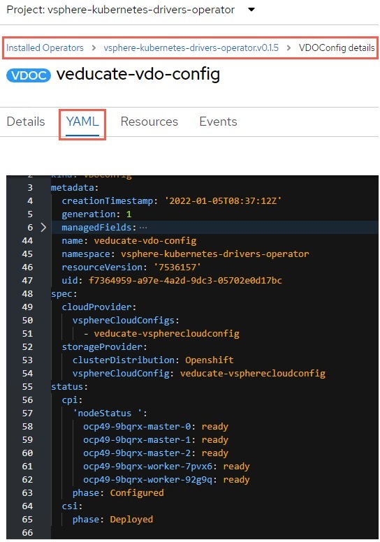 openshift - vsphere kubernetes driver operator - vdoconfig instance yaml