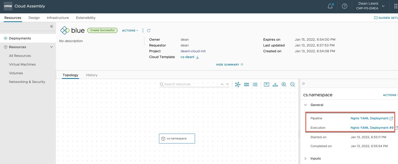 vRA Cloud Assembly - Deployment with codestream.execution resource object