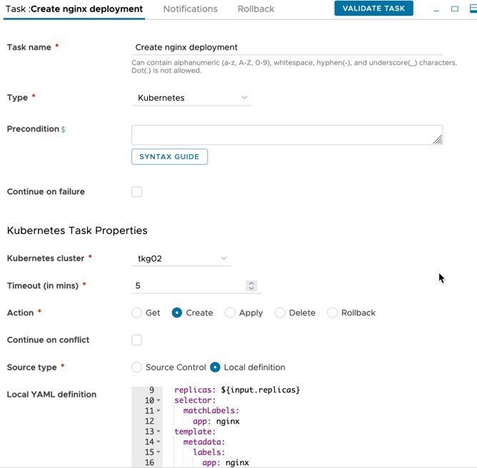 vRA Code Stream - Nginx Pipeline - task create deployment