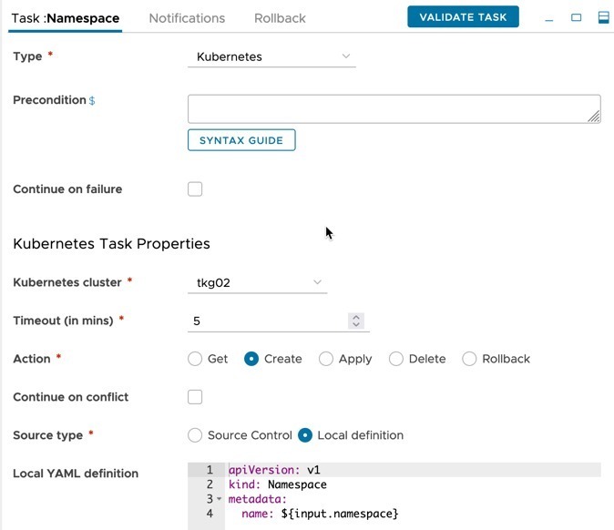 vRA Code Stream - Nginx Pipeline - task create namespace