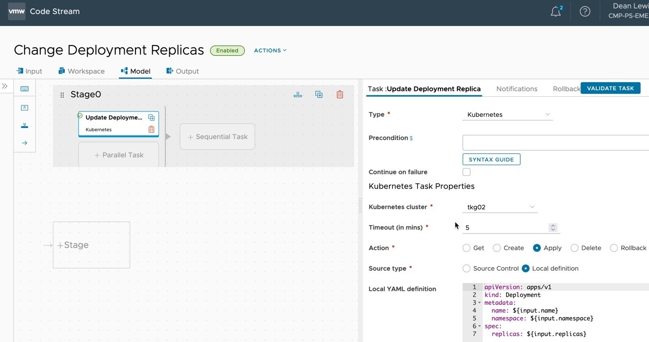 vRA - Code Stream - Pipeline - Change kubernetes deployment replicas