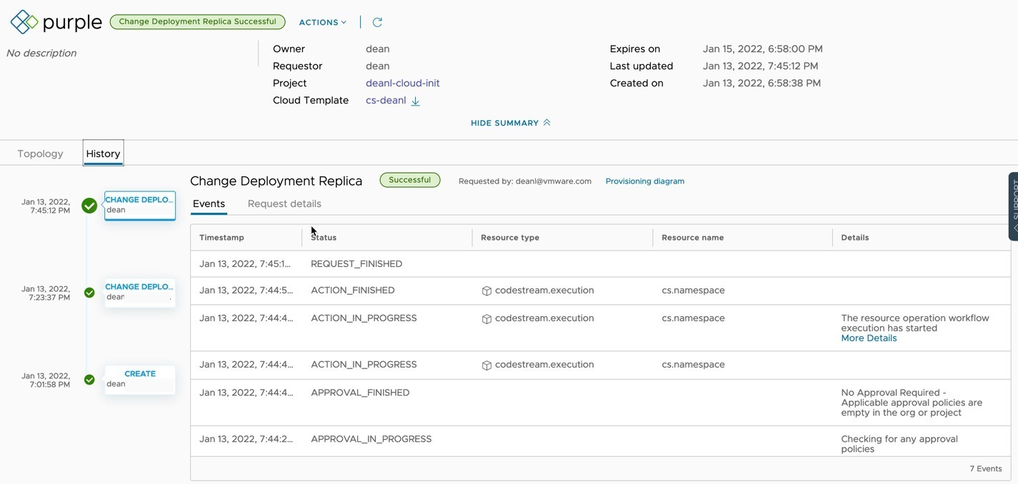 vRA - Deployment Resource object day 2 action - History