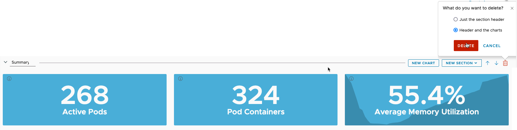Tanzu Observability - Dashboards - Edit Dashboard - Delete section