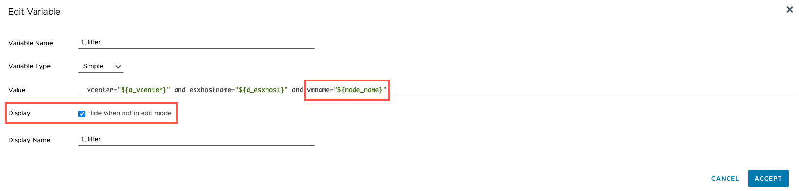Tanzu Observability - Dashboards - Edit Dashboard - Edit filter variable
