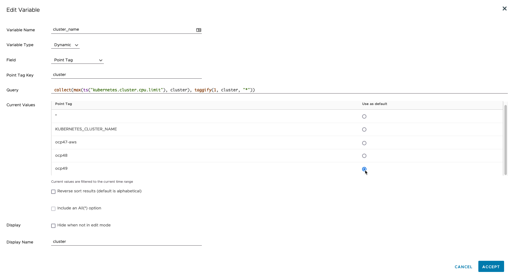 Tanzu Observability - Dashboards - Edit Dashboard - edit variables