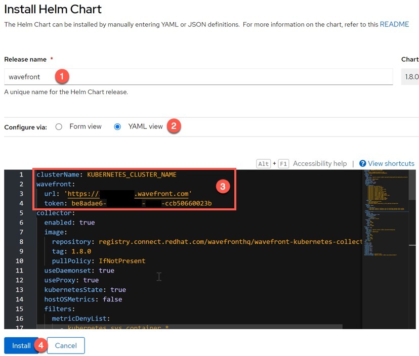 Tanzu Observability - Developer - Helm - Wavefront Chart - Install Helm Chart - Release Name - Configure via YAML View