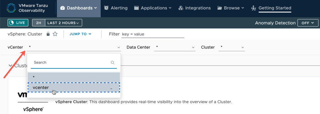 Tanzu Observability - Integrations - VMware Cloud on AWS - vSphere - Dashboards - Select cluster