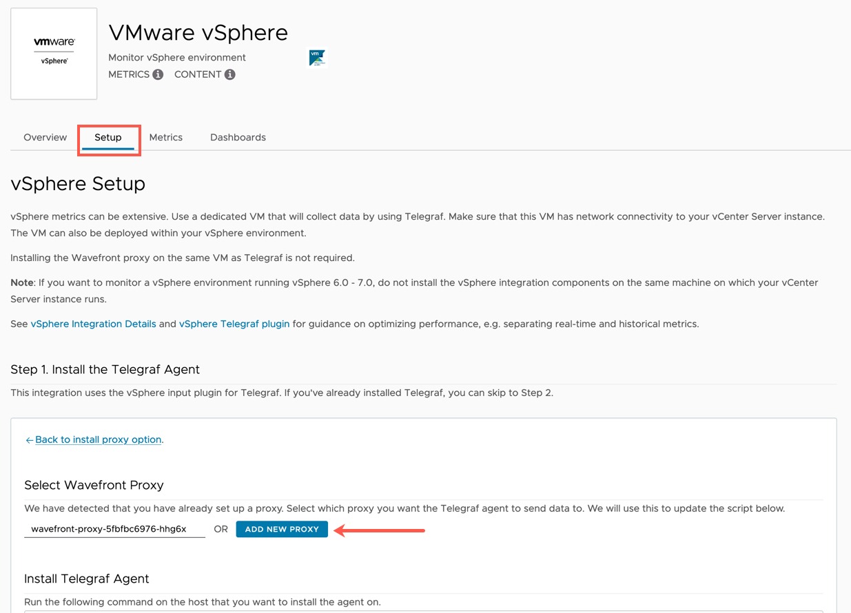 Tanzu Observability - Integrations - VMware Cloud on AWS - vSphere - Setup - Add New Proxy