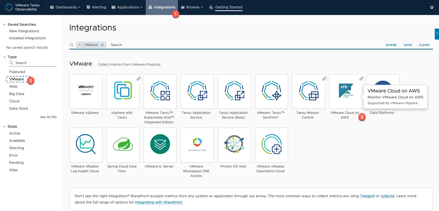 Tanzu Observability - Integrations - VMware Cloud on AWS
