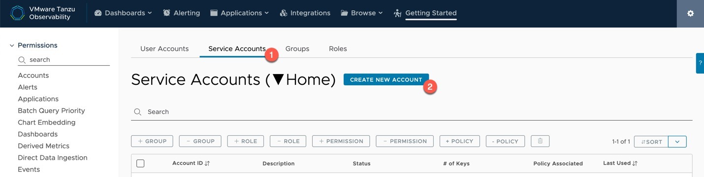 Tanzu Observability - Settings - Accounts - Service Accounts - Create new account