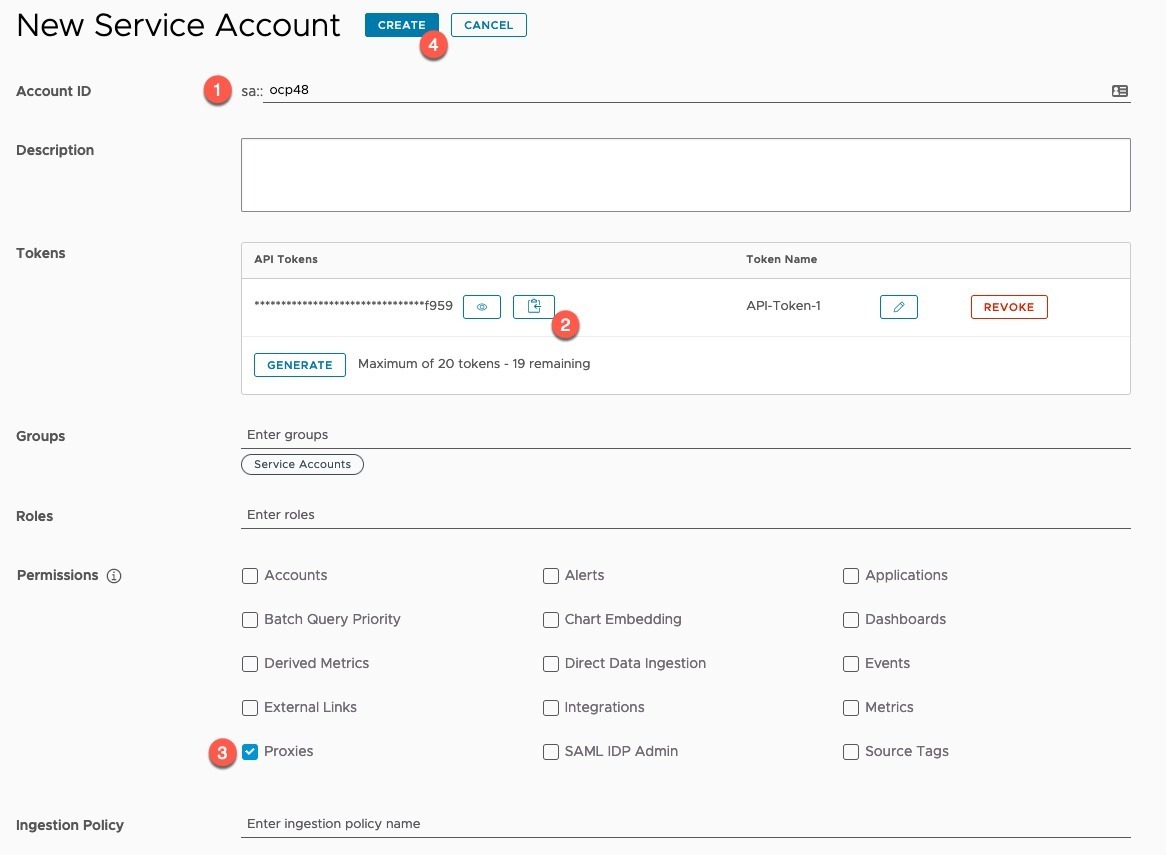 Tanzu Observability - Settings - Accounts - Service Accounts - New account - Kubernetes