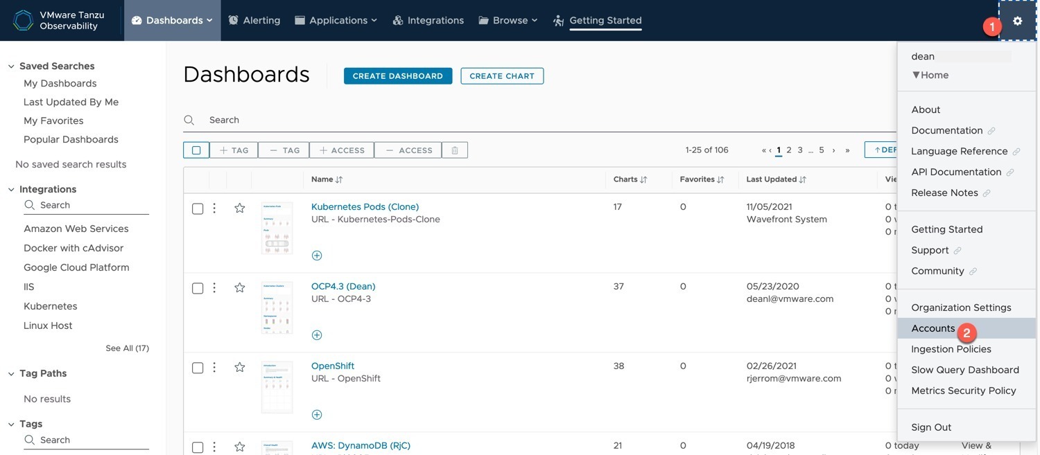 Tanzu Observability - Settings - Accounts