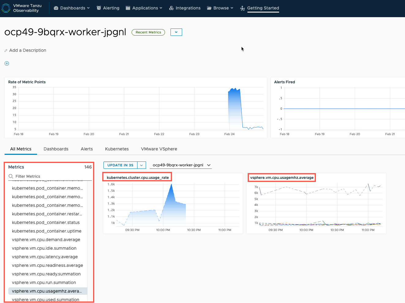 Tanzu Observability - Source - OpenShift Node on vSphere - Metrics