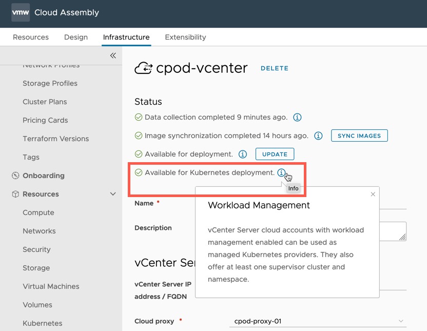 vRA - Cloud Account - vCenter - Available for Kubernetes deployment