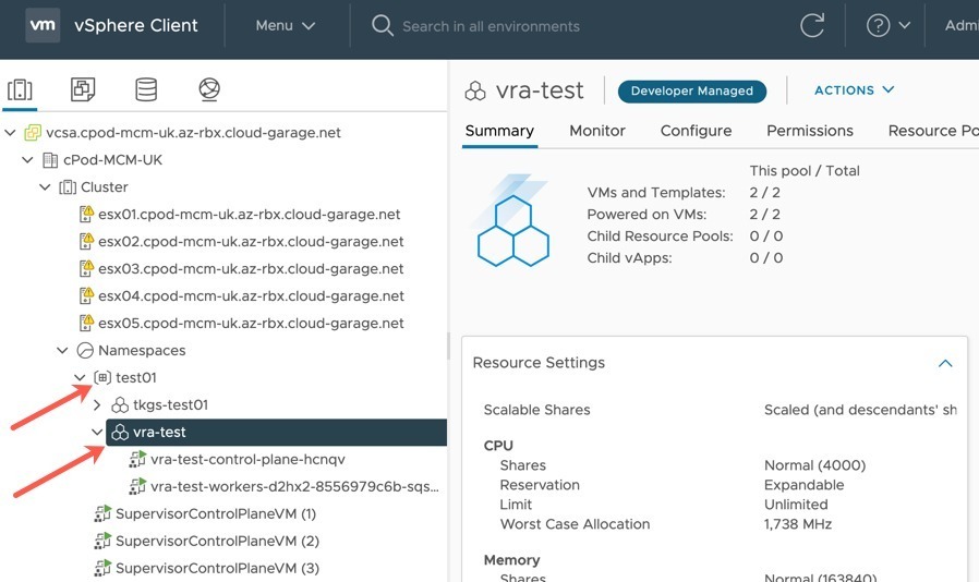vRA - Deployed Tanzu cluster in vCenter Supervisor Namespace