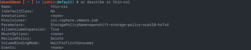 OCP 4.10 - vSphere CSI - oc describe storageclass thin-csi