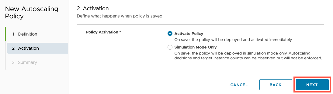 Tanzu Service Mesh - Policies - Autoscaling - New Autoscaling policy - Activation
