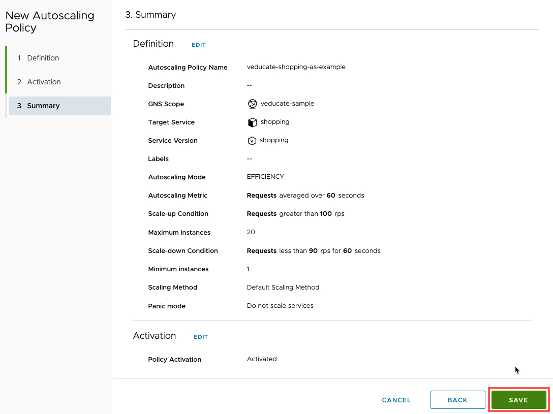 Tanzu Service Mesh - Policies - Autoscaling - New Autoscaling policy - Summary