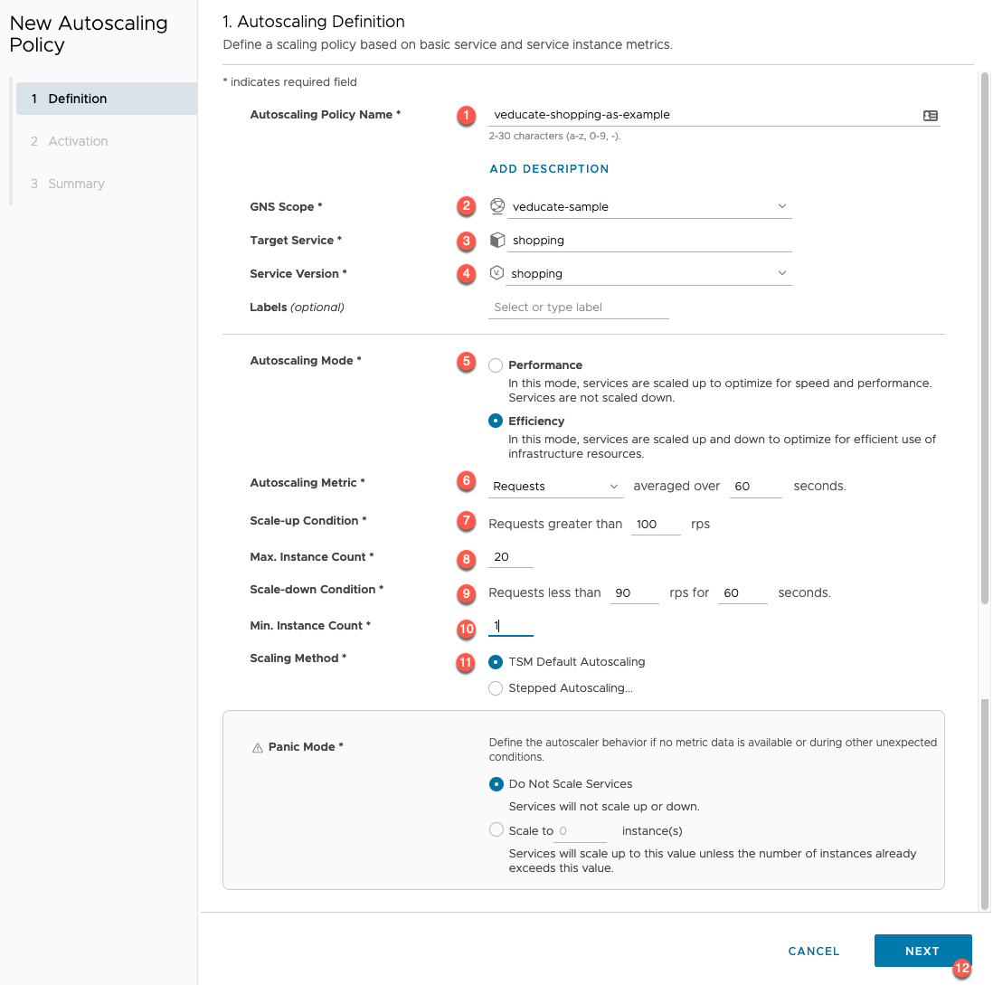 Tanzu Service Mesh - Policies - Autoscaling - New Autoscaling policy - autoscaling definition