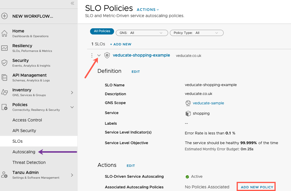Tanzu Service Mesh - Policies - SLOs - Associated Auto Scaling Policies - Add New Policy