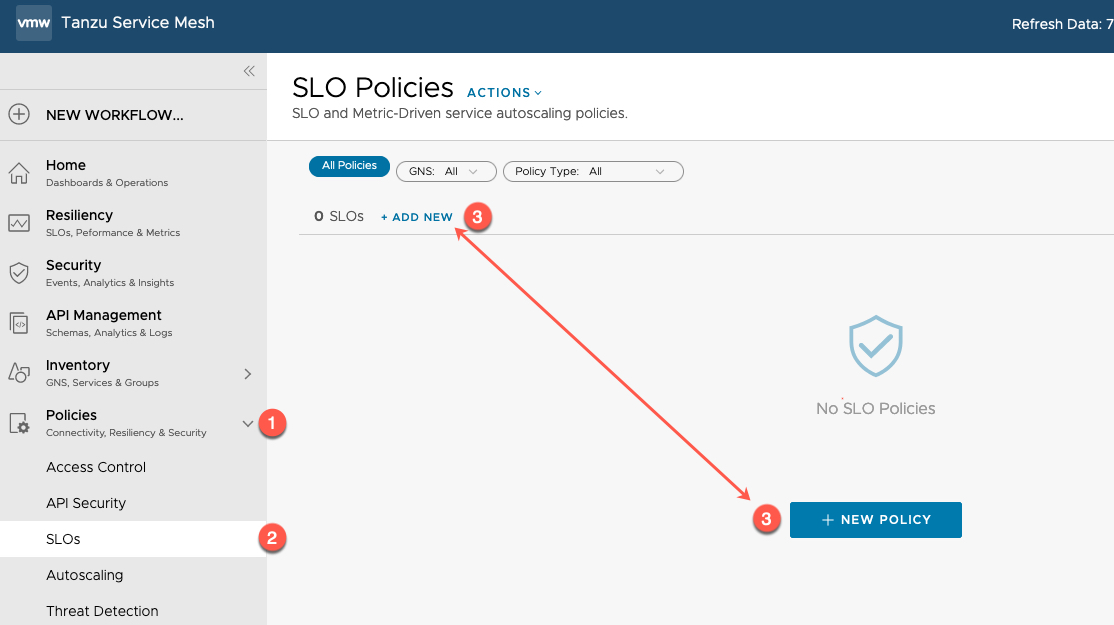Tanzu Service Mesh - Policies - SLOs - New Policy
