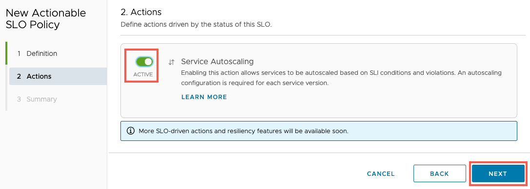 Tanzu Service Mesh - Policies - SLOs - New SLO Policy - Actions