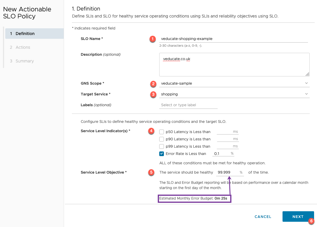 Tanzu Service Mesh - Policies - SLOs - New SLO Policy - Definition